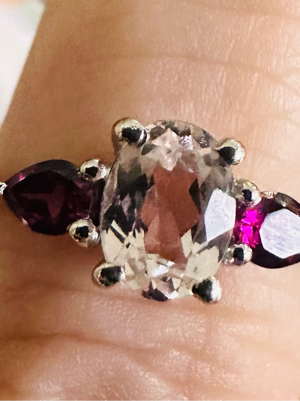 Sterling Silver Clear Oval Center Ring with Deep Pink Accent Stones